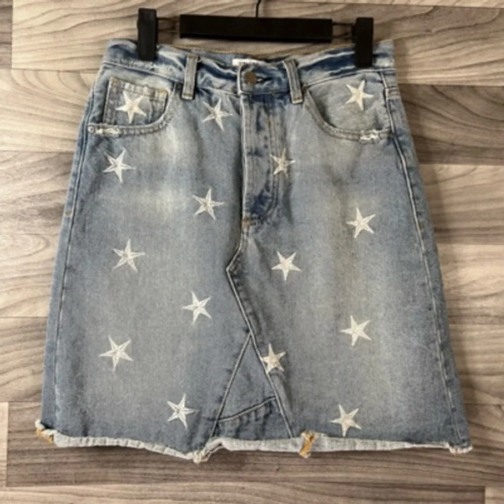 Yelena Denim Skirt Jean Womens 27 Blue Above Knee Raw Hem Stars 4th‎ Of July